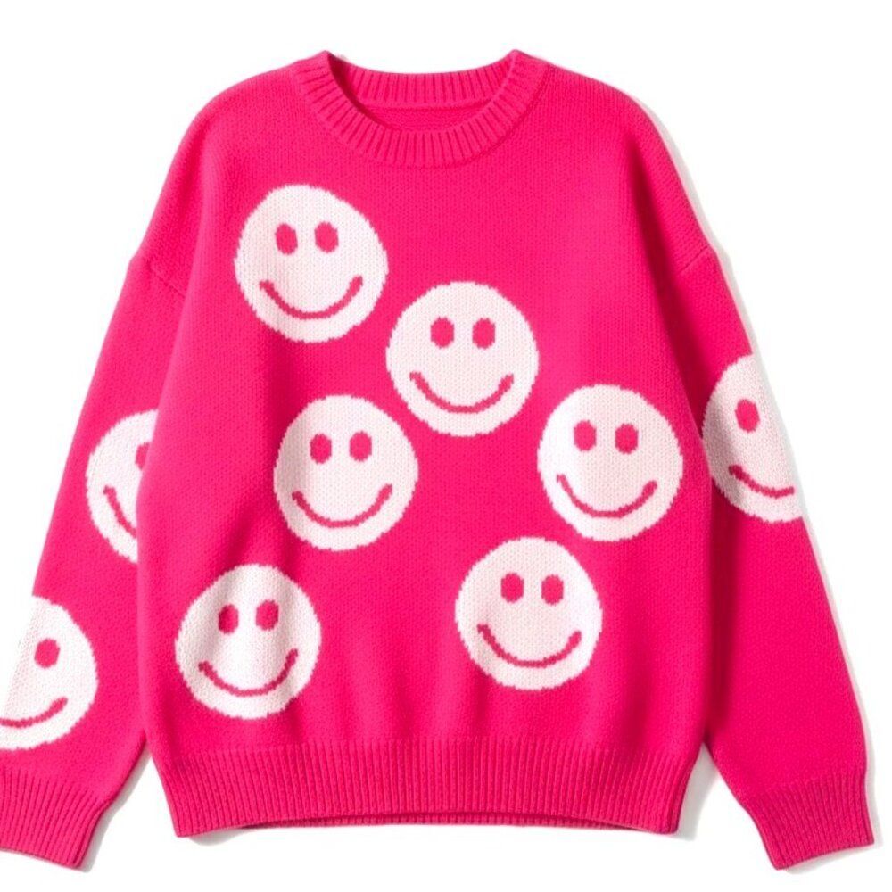 Oversized Sassy Shortcake Hot Pink Smiley Face‎ Sweater - Size M